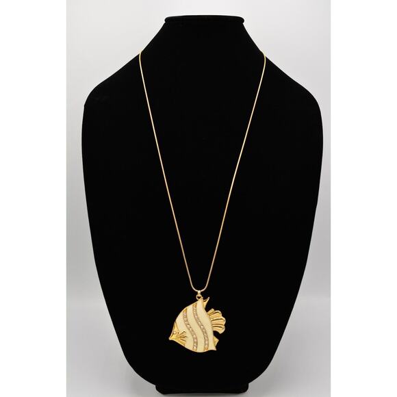 Guess Vintage Fish Pendant Necklace Rhinestone Crystal Gold Tone Chain 90s Bin4A - Picture 2 of 12